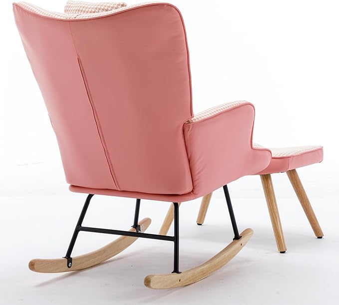 35.5 inch Rocking Chair Soft Houndstooth Fabric Leather Fabric Rocking Chair for Nursery Comfy Wingback Glider Rocker with Safe Solid Wood Base for Living Room Bedroom BalconyPink