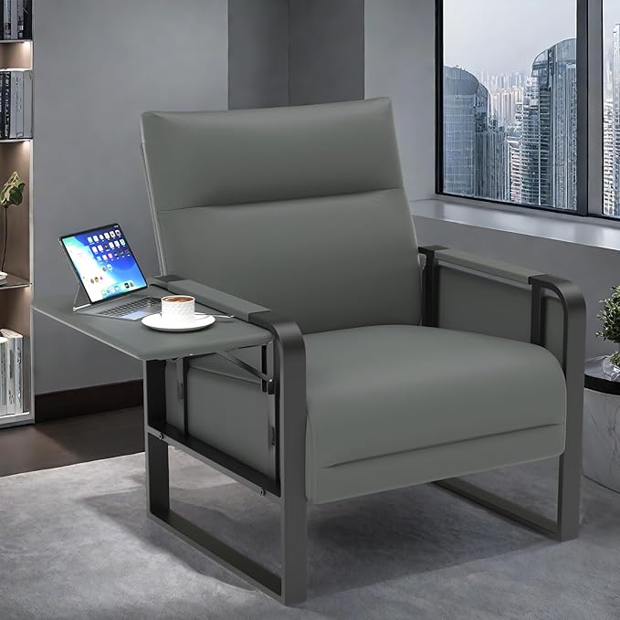 Faux Leather Accent Chair Upholstered Armchair with Side Tray &amp Pocket Comfy Reading Chair for Living Room Bedroom Guest Room Gray