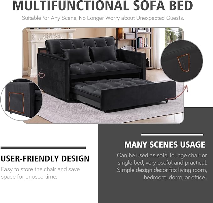3 In 1 Velvet Convertible Sofa Bed Pull Out Couch Bed with Reclining Backrest And 2 Pillows 54 Full Size Loveseat Sleeper Sofa Futon Couch Bed Couches For Small Spaces Living Room (Black)