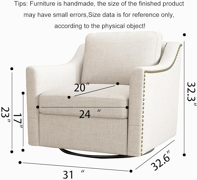 360 Degree Swivel Accent ChairUpholstered Armchair with Brass Nail DecorativeOversized Modern Comfy Reading ChairsCotton Linen Single Sofa Chair for Living RoomBedroom (White)