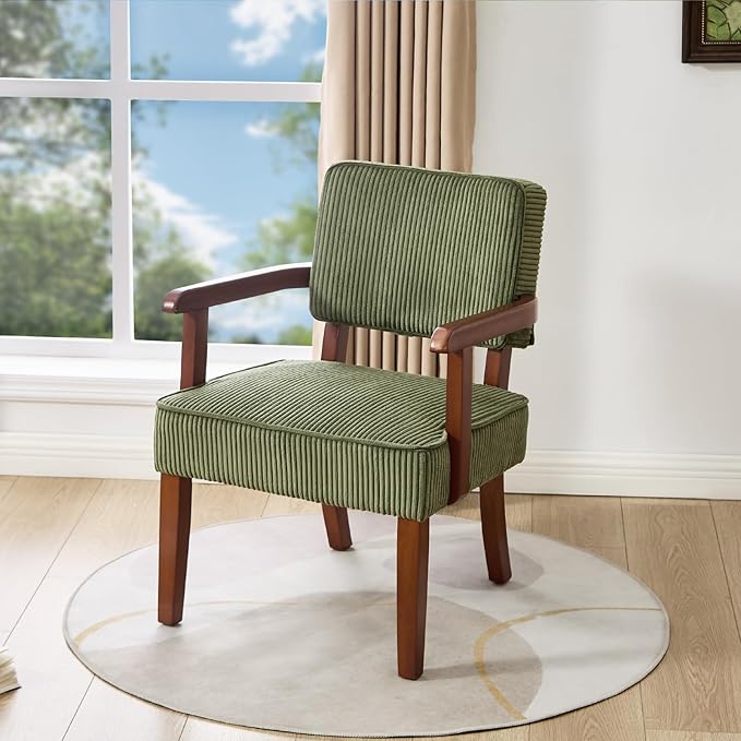 Corduroy Accent Chair Mid Century Modern Armchairs with Solid Wood Frame Oversized Reading Leisure Chair for Living Room Bedroom (Corduroy Green One Chair)