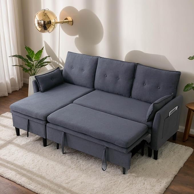 78 L-Shaped Sleeper Sofa Bed Couch 3-Seater Reversible Pull Out Couch Bed with Storage Chaise Lounge Cotton-Linen Pullout Sofabed Sectional Couches for Living Room Apartment Dark Grey
