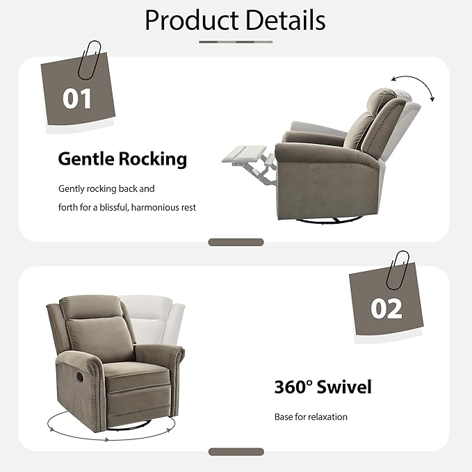 360° Swivel Recliner Chair with Adjustable Backrest Manual Rocking Recliner Home Theater Manual Recliner Chair with Metal Base and Velvet Fabric for Living Room (Light Brown 2)