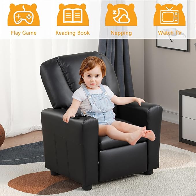 Recliner Chair for Living Room PU Leather Recliner Chair Winback Single Sofa Home Theater Chairs Adjustable Modern Reclining Chair with Padded Seat Backrest for Kids (Black)
