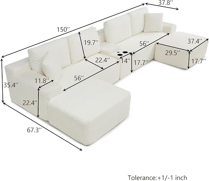 150 Oversized U Shaped Cloud Sectional Couches for Living Room Comfy Fluffy Corduroy Upholstered Boneless Couch Large Modular Sectional Sofa with Ottomans Cup Holder USB Port Console | Storage