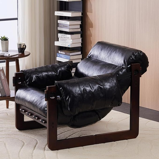Mid-Century Modern Accent Chair Oil Waxed Leather Lounge Chair with Thicked Cushion &amp Removable Armrests Upholstered Cozy Armchair Cloud Sofa Chairs for Living Room Bedroom Apartment(Black)