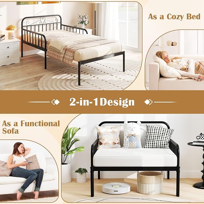 Giantex Metal Twin Bed Frame Convertible Sofa Bed with Headboard &amp Armrests Pull-Out Sleeper Chair Bed for Small Spaces Dorm Guest Apartment Suitable for Folding Sofa Mattress (Black)