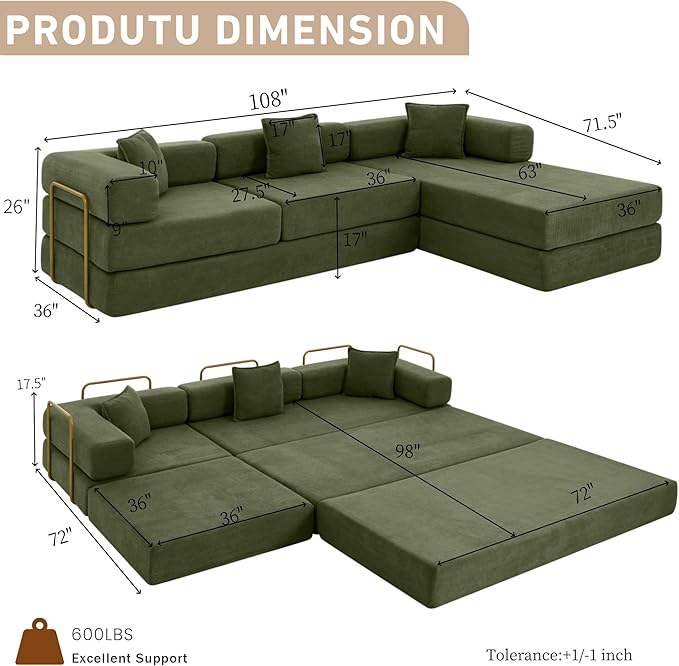 108 W Corduroy Modular Cloud Couch with Fixed-Shape Frame Oversized L-Shaped Sectional Sleeper Sofa Bed with Pull Out Bed No Assembly Modern Floor Boneless Couch for Living Room (Green)