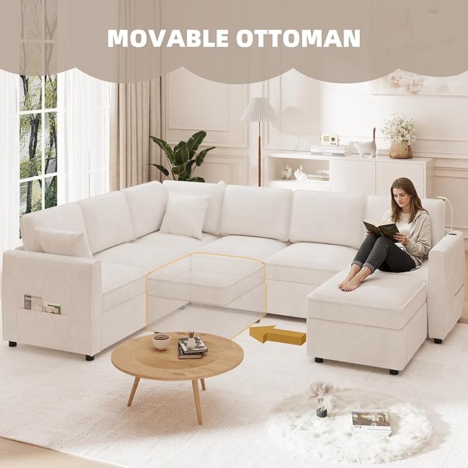 120 Sectional Sofa Couch with Pull out Bed 7 Seat U Shaped Pull out Couch Bed with USB Ports Velvet Modular Sleeper Sofa Bed with Throw Pillows Large Sectional Couches for Living Room Beige