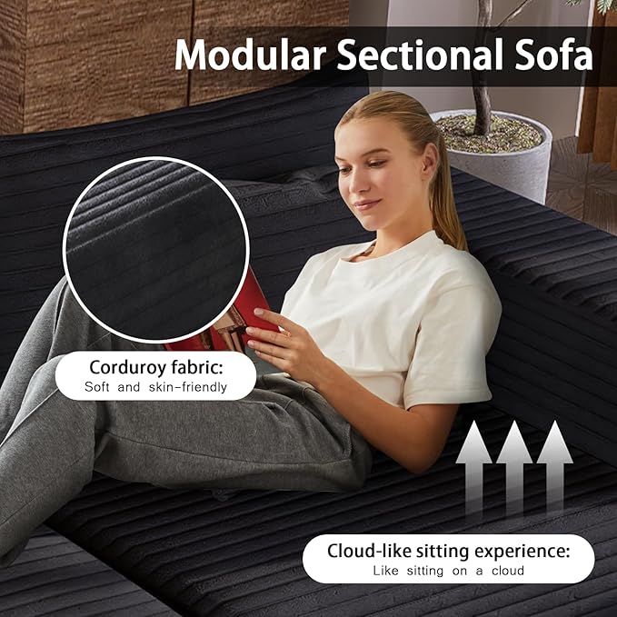 Modular Sectional Sofa Deep Seat Cloud Couch with Throw Pillows Fluffy Comfy Boneless Couch Freely Convertible Memory Foam Sofa for Living Room Apartment Bedroom (Black 4 Seater)