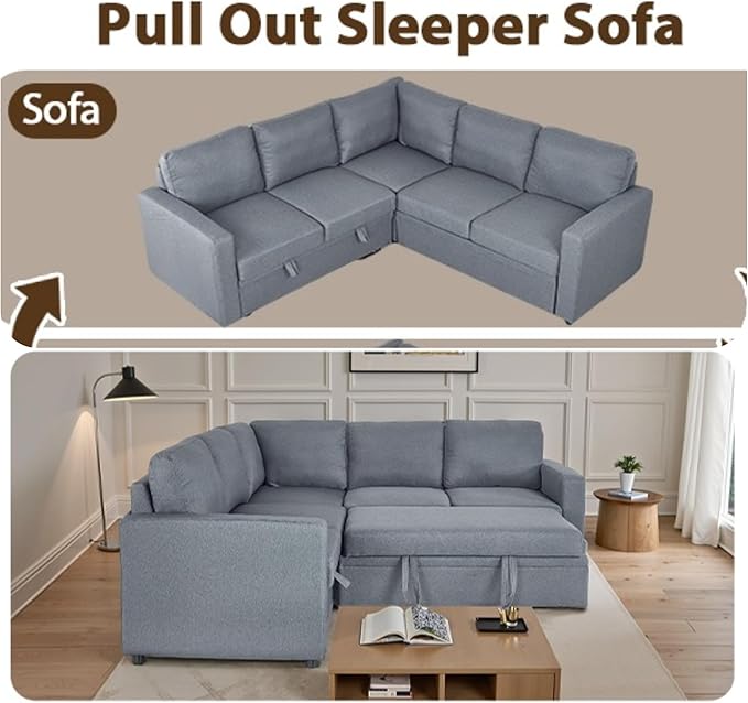 Sleeper Sofa Couch with Pull Out Bed L Shaped Couch Bed with Storage Sectional Sleep Couches Convertible Sleeper Sofa Beds W/Reversible Chaise&ampBack Cushion for Living Room Grey