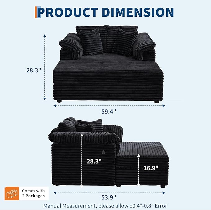 Oversized Chaise Lounge Chair Indoor Upholstered Sofa Bed with Throw Pillows and Armrests Comfy Corduroy Sleeper Couch with Cup Holders and Charging Port for Living Room Bedroom 60 Inch Wide Black