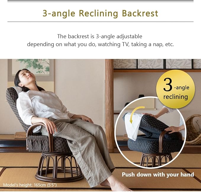 EMOOR Tatami Chair Japanese-Style Swivel Chair RYOKAN (Navy) Natural Rattan Armrest Recliner Living Room Upholstered Single Futon Sofa
