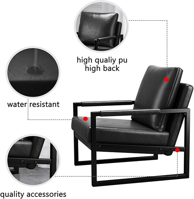 Mid Century Modern PU Leather Accent Arm Chair with Metal Frame and Thick Padded Backrest Upholstered Lounge Armchair Sofa for Living Room Bedroom