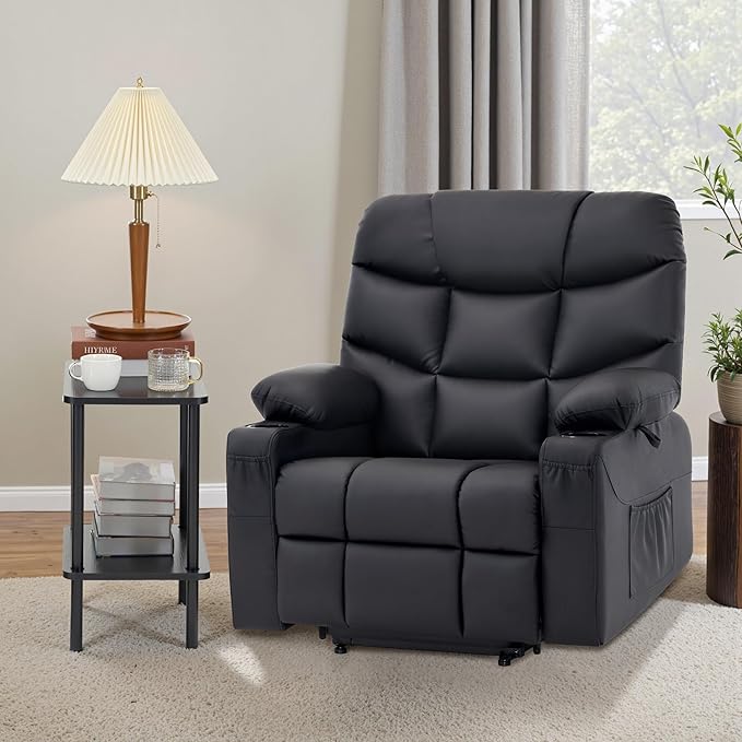 MCombo Oversized Power Lift Recliner Chair with Extended Footrest Extra Wide for Big and Tall Elderly People Faux Leather R7289 (Black Medium-Oversize)