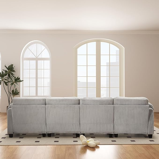 115” Modular Sectional L Shaped Corner Sofa Corduroy 6-Seater Couches with Thick Cushion for Living Room Grey