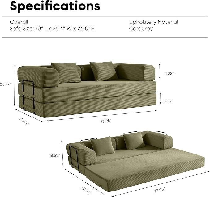 4-in-1 Folding Convertible Sleeper Sofa Bed with Fixed-Shape Frame Comfy Modular Floor Sofa with Pull Out Couch Bed Sleeper Loveseat Boneless Futon Couch for Living Room Olive Green