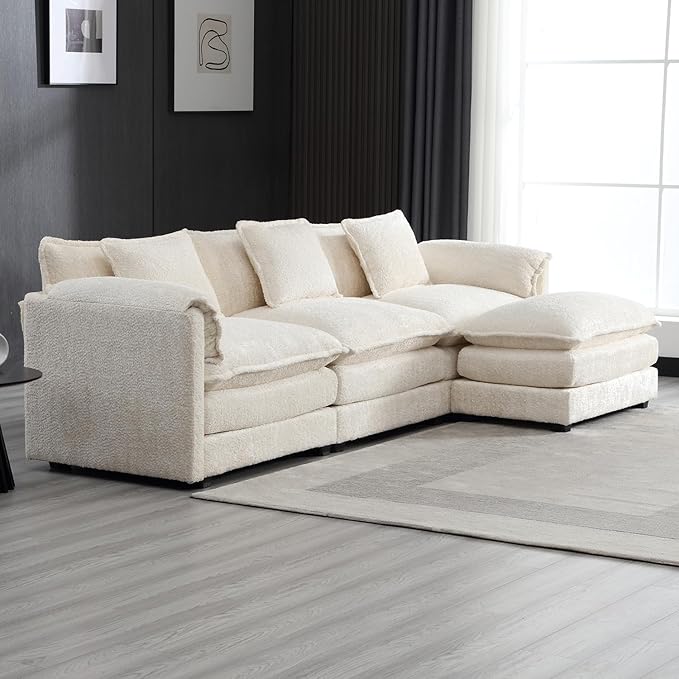 kevinplus 112'' Sectional Sofa Couch with Convertible Ottoman for Living Room Modern Contemporary 3-Seat L-Shape Sofa Couch for Apartment Home Office Thick Cushion &amp Boucle Fabric Beige