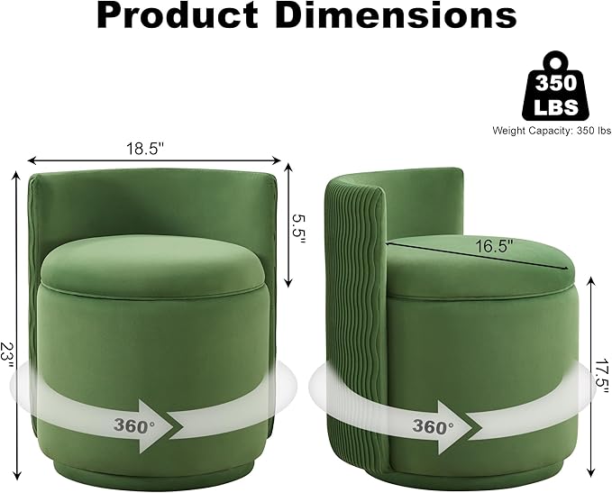 360° Swivel Velvet Vanity Chair with Storage Barrel Makeup Chair with Wave Back No Assembly Vanity Stool Small Accent Chair for Living Room Green