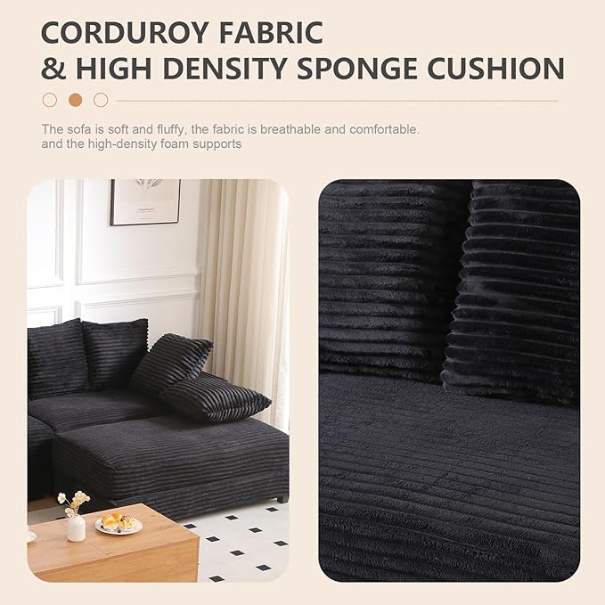 108 Oversized Sectional Sofa Modular Deep Seat Sofa Couch with Storage Ottoman Comfy Upholstered Cloud Couches Modern L-Shaped Corduroy Sofa Chaise with 8 Pillows for Living Room Apartment Black