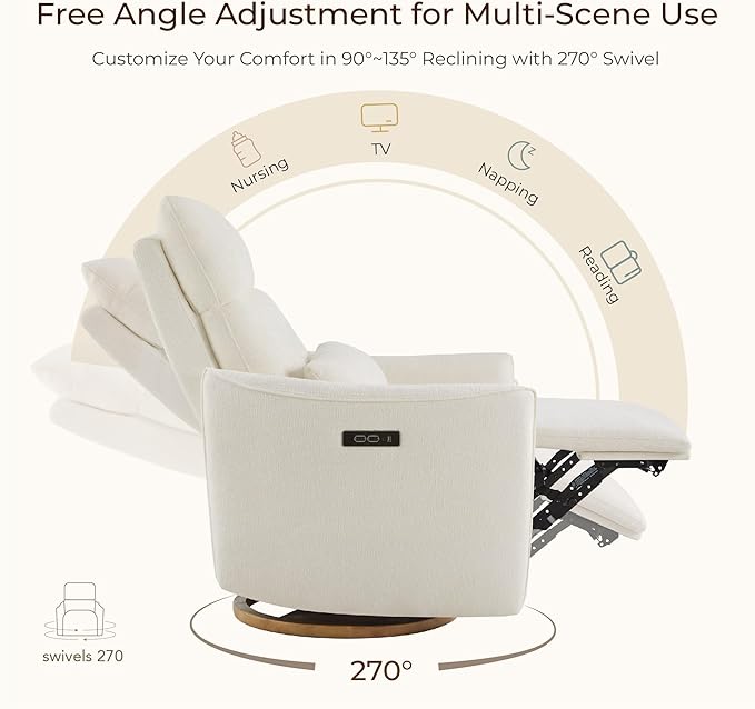 CHITA Swivel Rocker Recliner Chair Power Nursery Glider Recliner Nursery Rocking Chair with Adjustable Power Headrest FSC Certified Solid Wood Base Cream