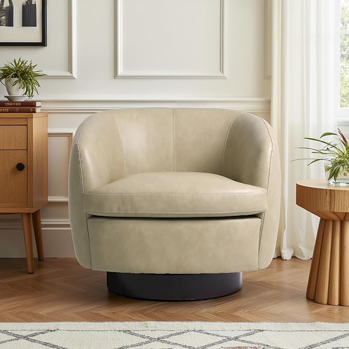 Swivel Barrel Accent Chair Comfy Modern Upholstered Round Faux Leather Reading Arm Chair for Living Room Bedroom (Cream Set of 2)