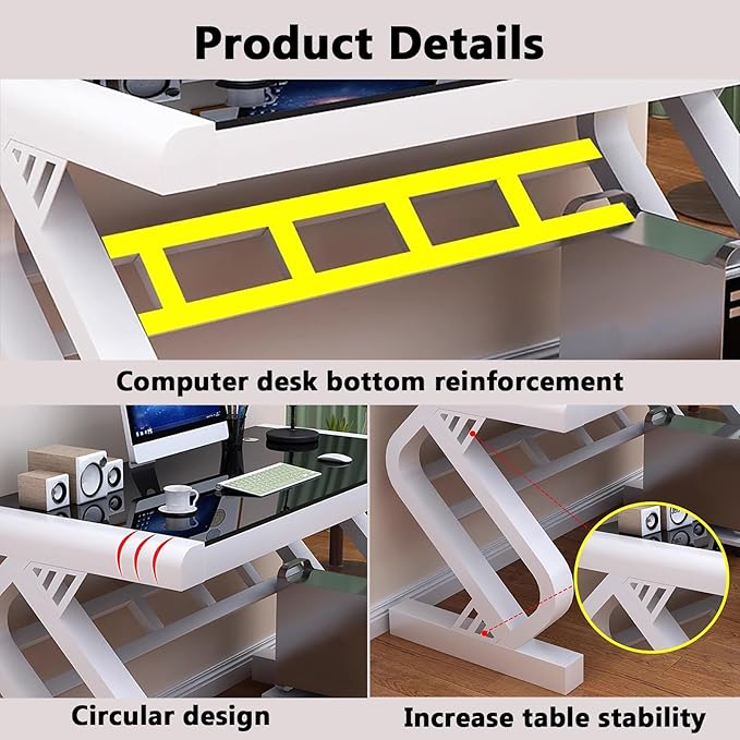 Tempered Glass Computer DeskModern Home Office Desk with Z-Shaped Metal LegsSturdy Writing Table for Home Office Dorm(White Pink)
