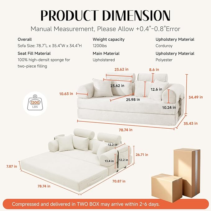 Upgrade Sofa Bed Convertible Boneless Couch for Small Spaces with High Backrest Design Fixed-Shape Frame &amp Removable Armrests and Backrest 2 Corduroy Pillow No Assembly Beige