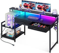 ODK Gaming Desk with Led Lights &amp Power Outlet 55 Inch Computer Desk with Drawers Office Desk with Large Display Storage Shelves Reversible Desk with Monitor Stand for Home Carbon Fiber Black
