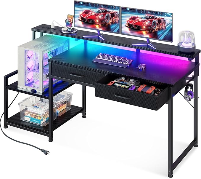 ODK Gaming Desk with Led Lights &amp Power Outlet 55 Inch Computer Desk with Drawers Office Desk with Large Display Storage Shelves Reversible Desk with Monitor Stand for Home Carbon Fiber Black