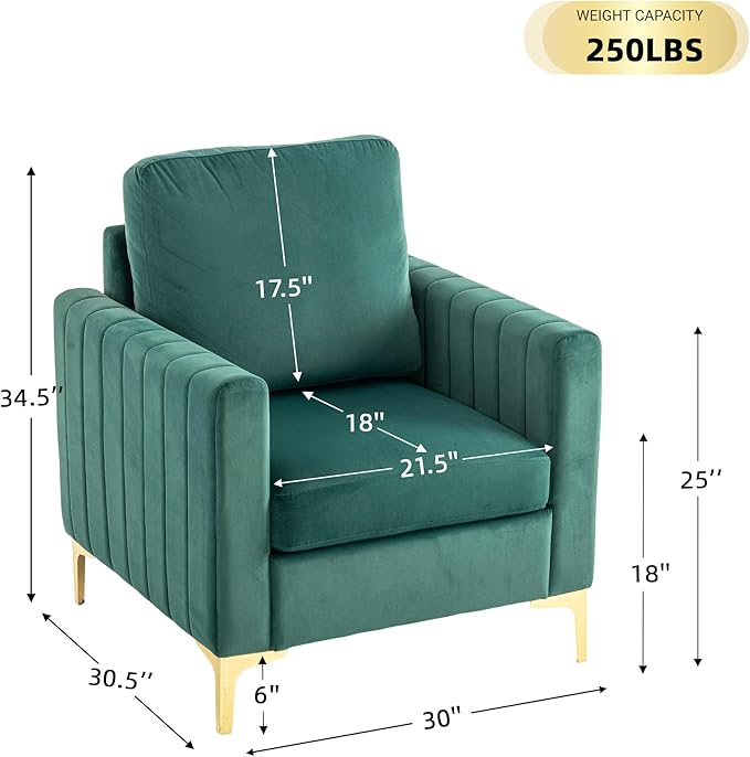 Modern Velvet Accent Chair for Living Room &amp Bedroom Comfy Reading Armchair with Gold Metal Legs (1 Green)