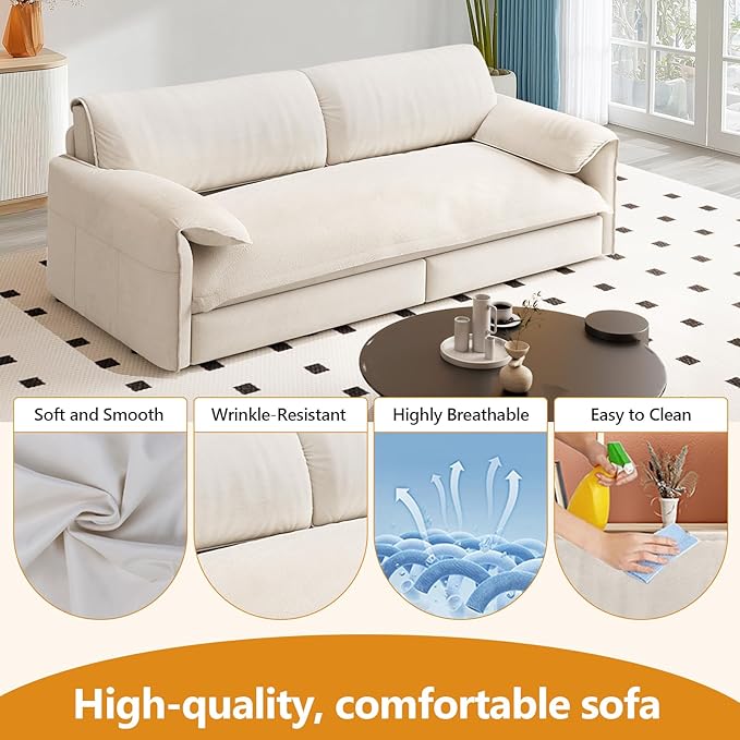 66 Queen Size Sofa Bed 3 in 1 Convertible Pull Out Sleeper Sofa with Thicked Cushions and Side Storage Velvet Loveseat Couch for Home Living Room Bedroom Apartment Lounge Small Spaces Beige