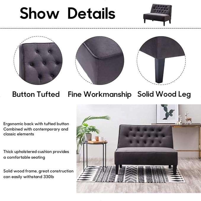 Alunaune Upholstered Loveseat Couch for Living Room Armless Bedroom Settee Small Love Seat Sofa Tufted Button Dining Room Bench - Dark Grey