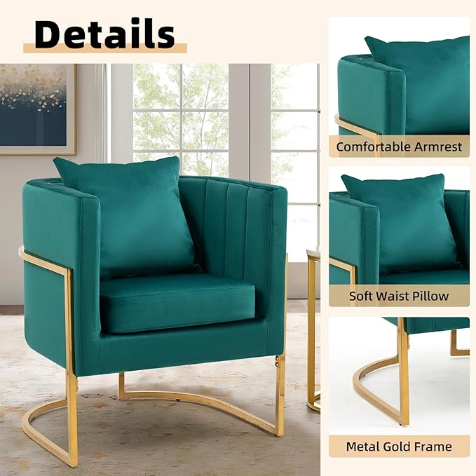 Velvet Modern Accent Chairs Set of 2 Upholstered Barrel Armchair Mid Century with Pillow for Living Room Comfy Single Vanity Chair with Metal Gold Legs for Bedroom Green