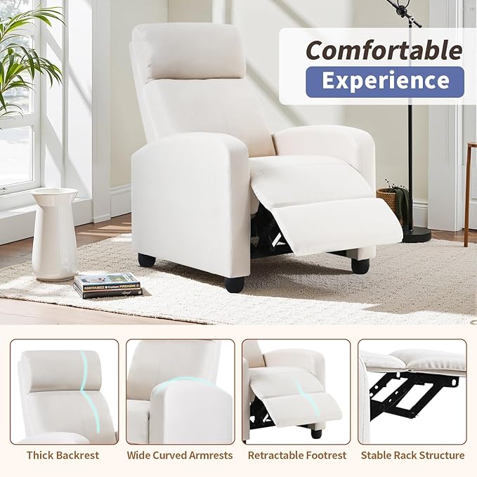 PayLessHere Recliner Chair Single Reclining Sofa Home Theater Seating with Lumbar Support and Padded Backrest for Living Room and Bedroom (Fabric Beige-Massage)