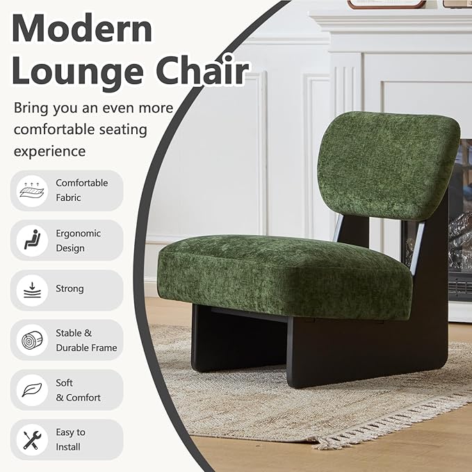 Green Accent Chair Set of 2 for Small Spaces Armless Accent Chair for Bedroom Side Chairs &amp Comfy Chairs for Living Room Wood Base Comfy Cushion Bedroom Office (Black+Green)
