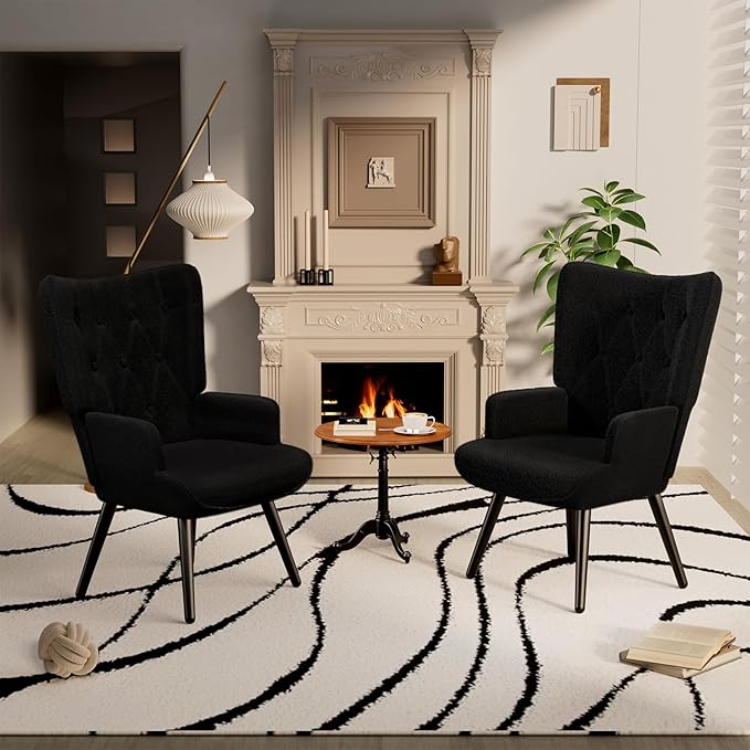 TLSUNNY Accent Chair Comfy Upholstered Armchair with Metal Legs High Backrest Living Room Chair Wingback Chair Mid Century Modern for Living Room/Vanity/Bedroom Teddy Fabric Black (2 pcs)