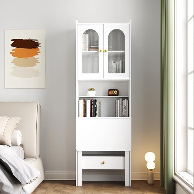 Merax Wooden Bookcase with Fold-Out Convertible Writing TableModern 70 Tall Bookshelf and Storage Drawer Multi-Function Bookcase Home Office White