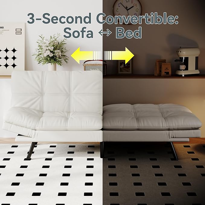 Futon Sofa Bed Convertible Couch White Faux Leather Sofa Bed with Memory Foam Adjustable Backrest &amp Armrests Multifunctional Small Loveseat Sleeper Sofa for Living Room Apartment Office