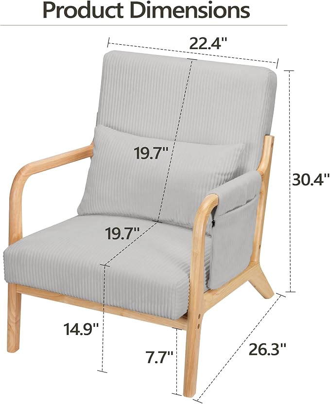 Mid-Century Modern Accent Chairs Upholstered Fabric Lounge Arm Chair with Storage Pocket Lumbar Cushion &amp Solid Wood Frame for Living Room Bedroom Balcony (Light Gray)