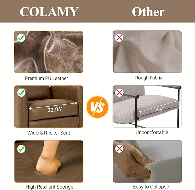 COLAMY Leather Recliner Chair for Adults Swivel Rocker Recliner for Small Spaces Wide Glider Rocking Nursery Chair with Ergonomic High Backrest for Home Living Room Office Bedroom（ Brown）