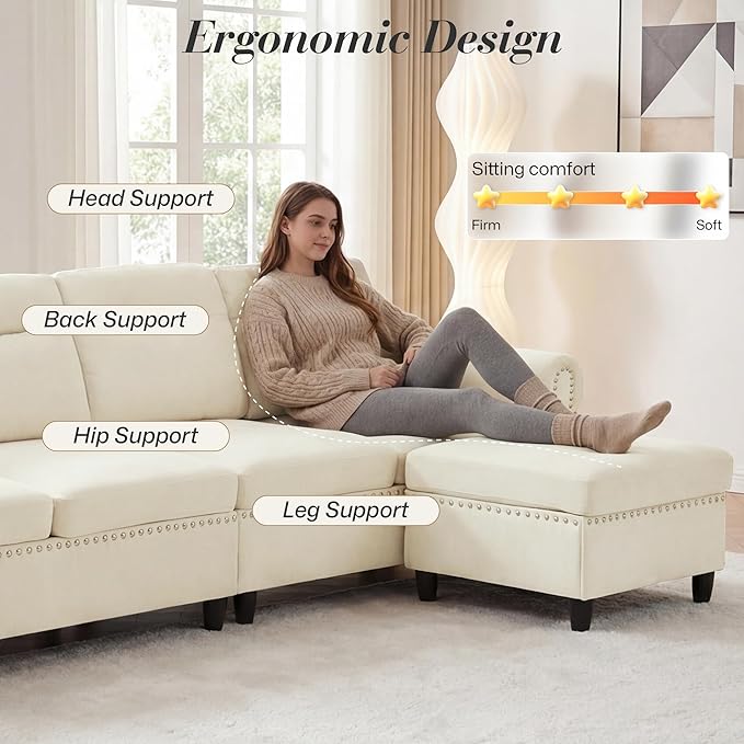 ABET 106 Inch Modular L-Shaped Sectional Couch with Ottoman 4 Deep Seat Convertible Sofa with Ottoman Nailhead Decor Comfy Upholstered Cushion for Living Room Bedroom Apartment Off-White-Beige
