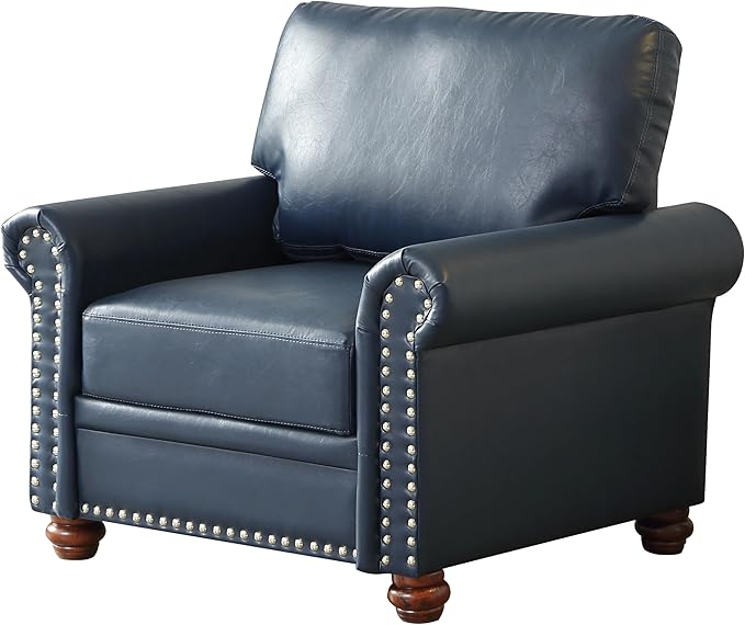 35 Faux Leather Pu Armchair Classic Vegan Leather Accent Chair Elegance Single Seat with Rolled Armrests Nailhead Trim Wood Legs Traditional Living Room 1 Seat-Navy Blue