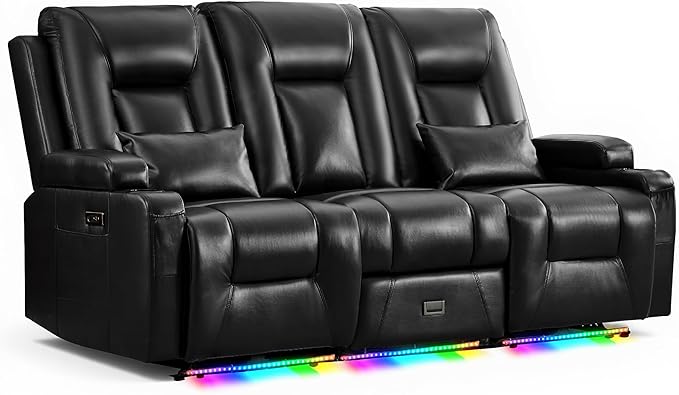 URRED Wall Hugger Power Recliner Sofa RV Double Reclining 3-Seater Couch for Living Room with LED Lights USB Ports Cup Holders and Side Pockets Outlets Drawer Faux Leather – Black