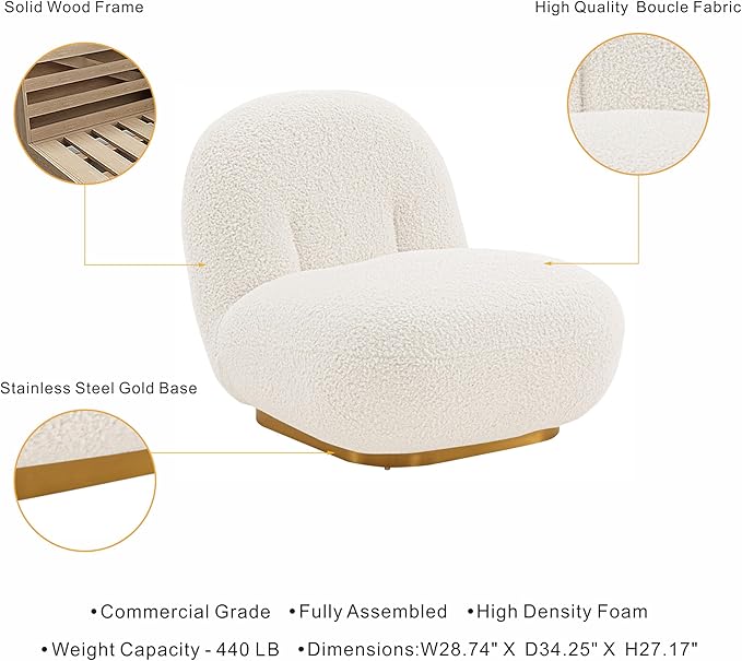 Manhattan Comfort Edina Modern Accent Chairs in Luxurious Boucle Upholstery with High Density Foam Padding &amp Wood Frame with Gold Metal Base Living Room Seating Set of 2 White
