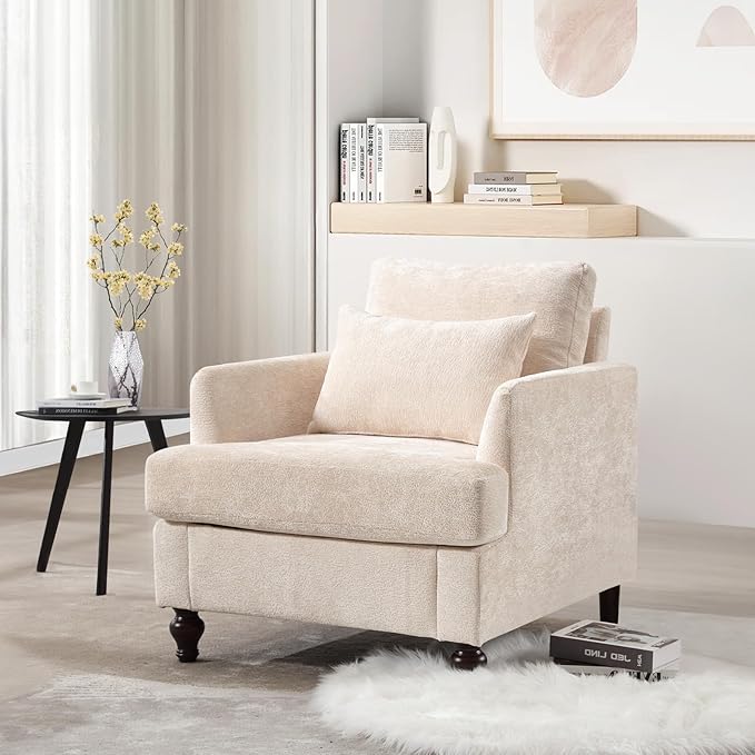 KINFFICT Modern Accent Chair for Living Room Upholstered Single Sofa Chair with Lumbar Pillow Comfy Armchair with Thickened Cushion Living Room Chairs for Bedroom Office Beige Chenille