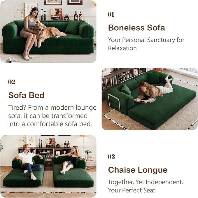 78.8 Corduroy Convertible Sofa Bed with Stainless Fixed-Shape Frame 4-in-1 Boneless Loveseat with Pull-Out Bed Lounge Futon Sofa Couch Floor Mattress for Living Room No Assembly Required(Green) |