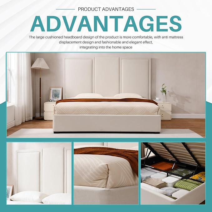 YUHUASHI King Size Bed Frame with 64-inch High Headboard Simple and Airy Linen Upholstered Platform Bed with Storage Drawers Wood Slat No Noise (Beige King(Hydraulic Lift))