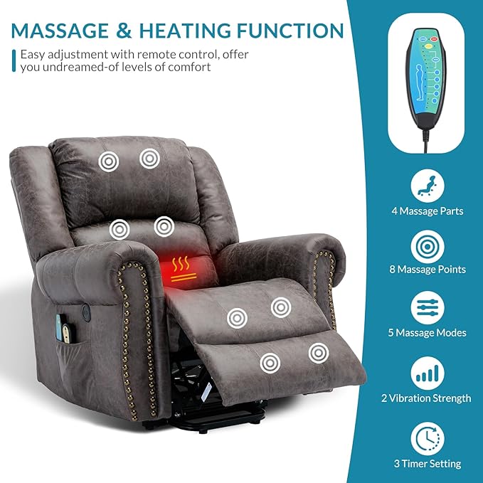 Power Electric Lift Recliner Chair with Massage and Heat for Elderly 2 Remote Controls 2 Side Pockets and USB Ports (Grey)
