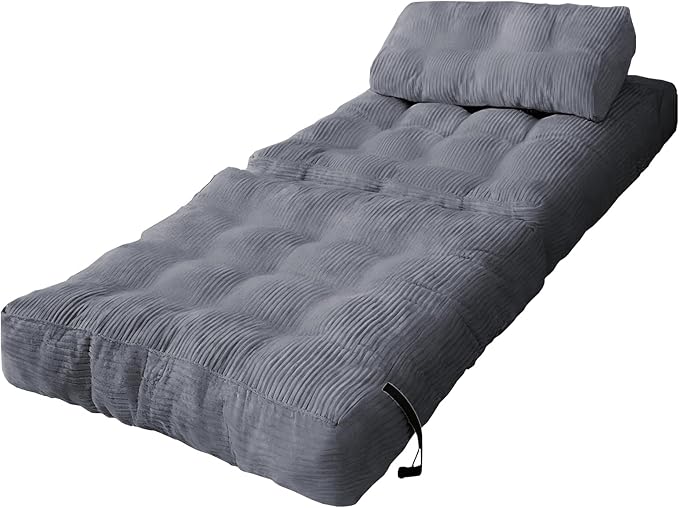 Folding Sofa Bed - Convertible Sleeper Chair with Pillow &amp Back Support Comfy Foldable Mattress Portable Futon Fold Out Chair Bed for Living Room/Bedroom/Apartment (Grey)